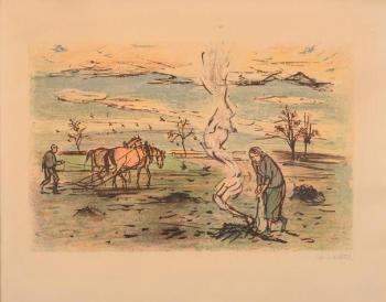 Ein Mann mit Pferden auf einem Feld