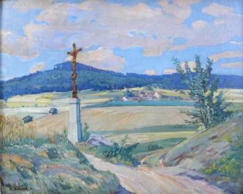 Fr. Castek - Landschaft mit Strae und Kreuz mit