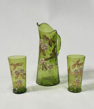 Glaskrug mit Glsern - grnes Glas - 1930