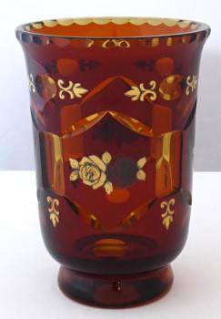 Vase aus Bernsteinglas, goldene und silberne Rosen Vase aus Bernsteinglas, goldene und silberne Rosen