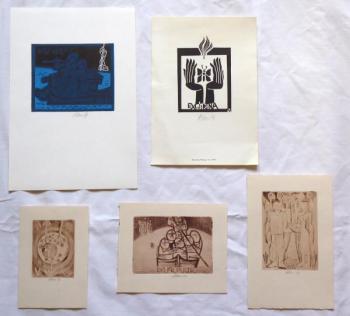 Miroslav Houra - 4x Ex libris, 1x farbiger Linolsc Miroslav Houra - 4x Ex libris, 1x farbiger Linolsc