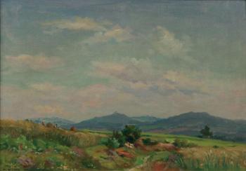 Sommerlandschaft mit Dorfbewohnern, die im Bereich Sommerlandschaft mit Dorfbewohnern, die im Bereich