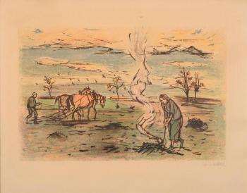 Ein Mann mit Pferden auf einem Feld Ein Mann mit Pferden auf einem Feld