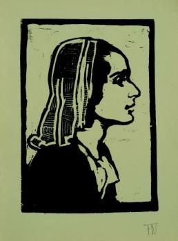 A portrait of a female in a scarf