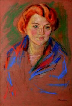 A portrait of a lady with red hair