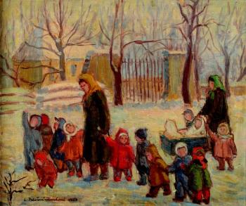 Children on walk in winter