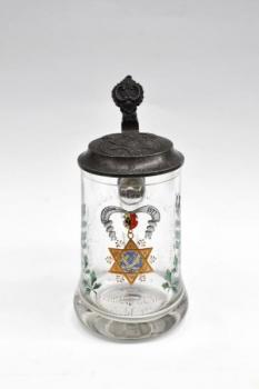 Gläserner Humpen - geschliffenes Glas, Email - Freundschaft - Solidarität - Belehrung - 1890