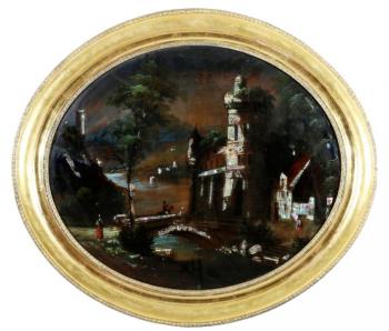 Romantische Landschaft mit Burg - Perlmutt, Glas - 1850