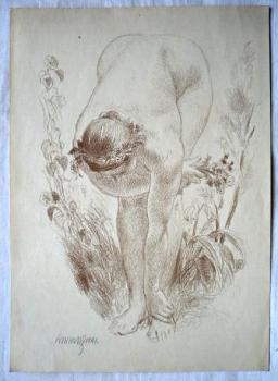 Jakub Obrovsky-Nacktes Mdchen, das Blumen pflcht