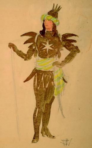 A female in a theatre costume of knight