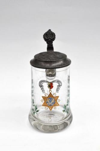 Glserner Humpen - geschliffenes Glas, Email - Freundschaft - Solidaritt - Belehrung - 1890