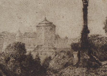Blick auf die Burg, auf der Strae mit der Laterne